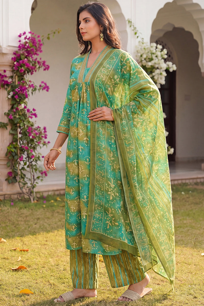 Green Rayon Blend Ethnic Motifs Printed Straight Kurta Palazzos With Dupatta VKSKD2371