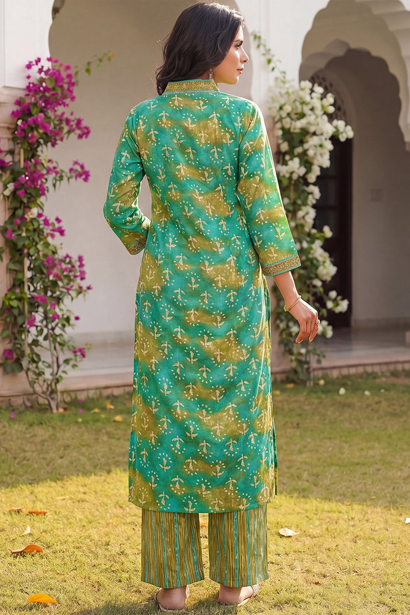 Green Rayon Blend Ethnic Motifs Printed Straight Kurta Palazzos With Dupatta VKSKD2371