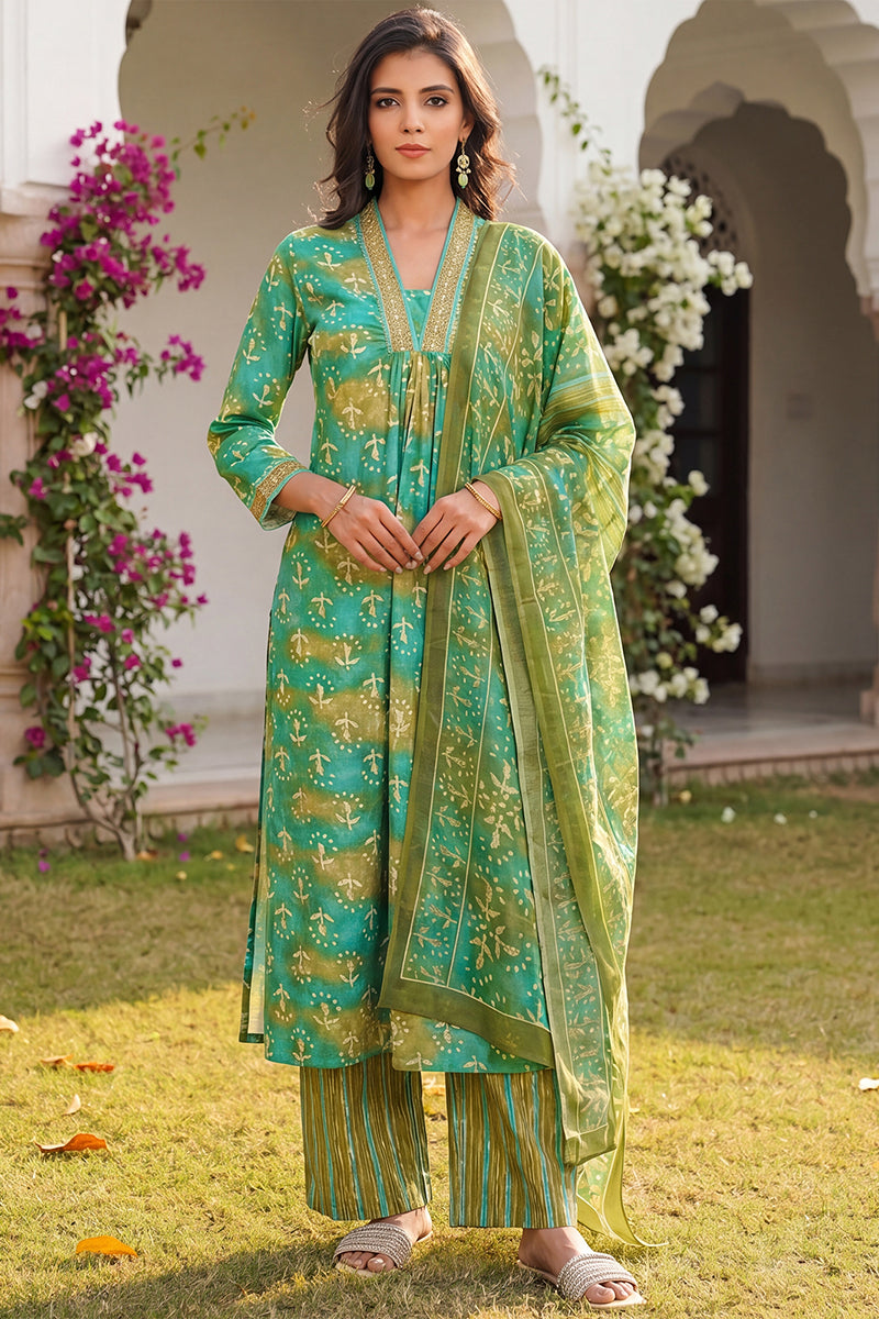 Green Rayon Blend Ethnic Motifs Printed Straight Kurta Palazzos With Dupatta VKSKD2371
