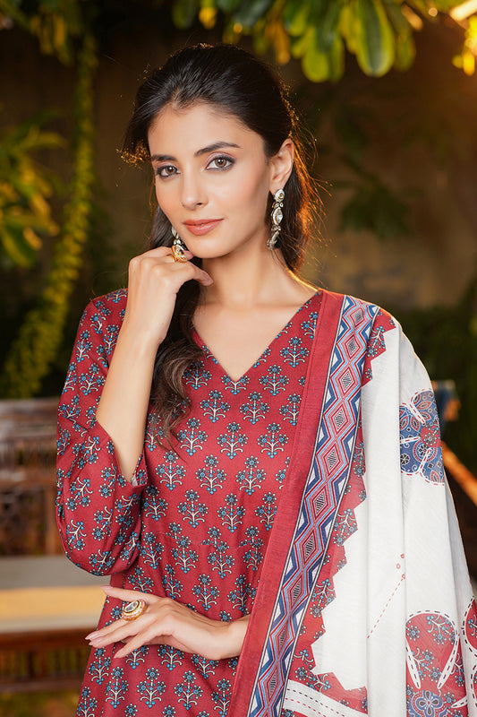 Maroon Rayon Blend Floral Printed A-Line Kurta Palazzos With Dupatta VKSKD2373