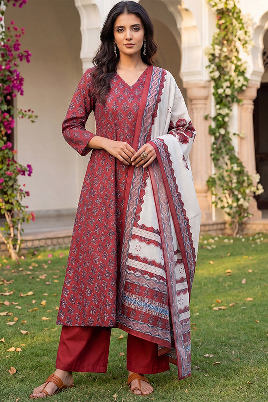Maroon Rayon Blend Floral Printed A-Line Kurta Palazzos With Dupatta VKSKD2373