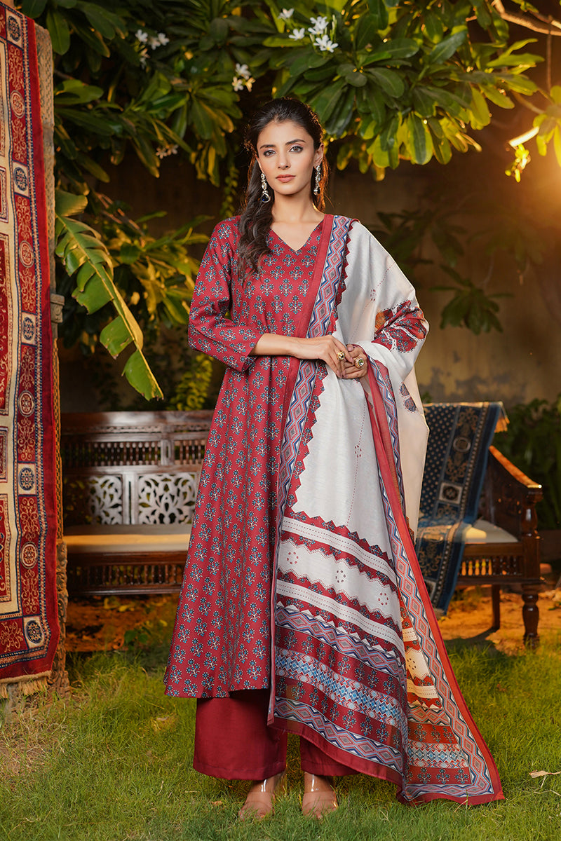 Maroon Rayon Blend Floral Printed A-Line Kurta Palazzos With Dupatta VKSKD2373