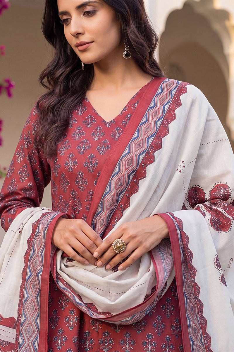 Maroon Rayon Blend Floral Printed A-Line Kurta Palazzos With Dupatta VKSKD2373