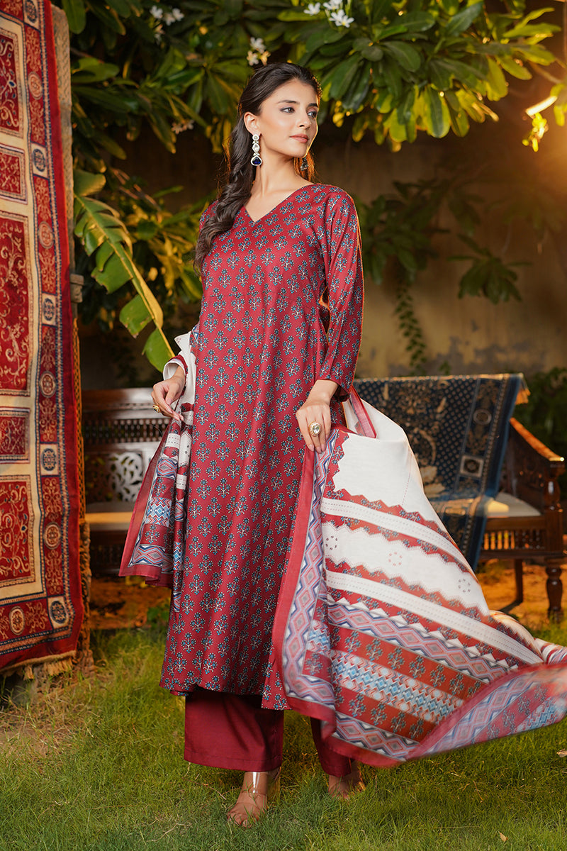 Maroon Rayon Blend Floral Printed A-Line Kurta Palazzos With Dupatta VKSKD2373