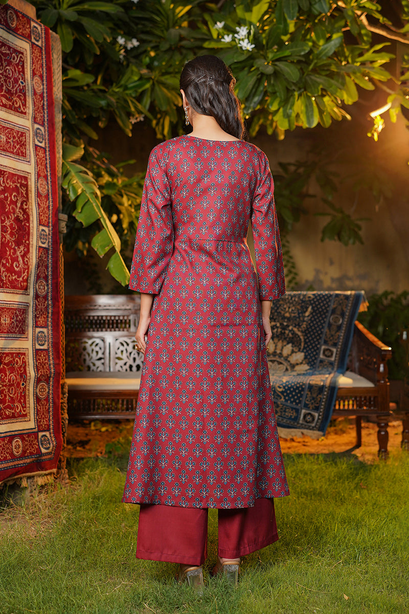 Maroon Rayon Blend Floral Printed A-Line Kurta Palazzos With Dupatta VKSKD2373