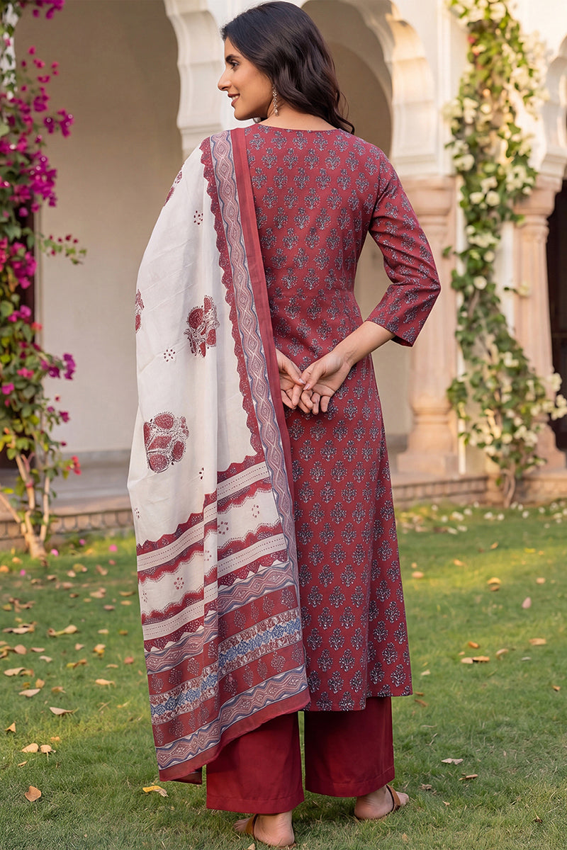 Maroon Rayon Blend Floral Printed A-Line Kurta Palazzos With Dupatta VKSKD2373