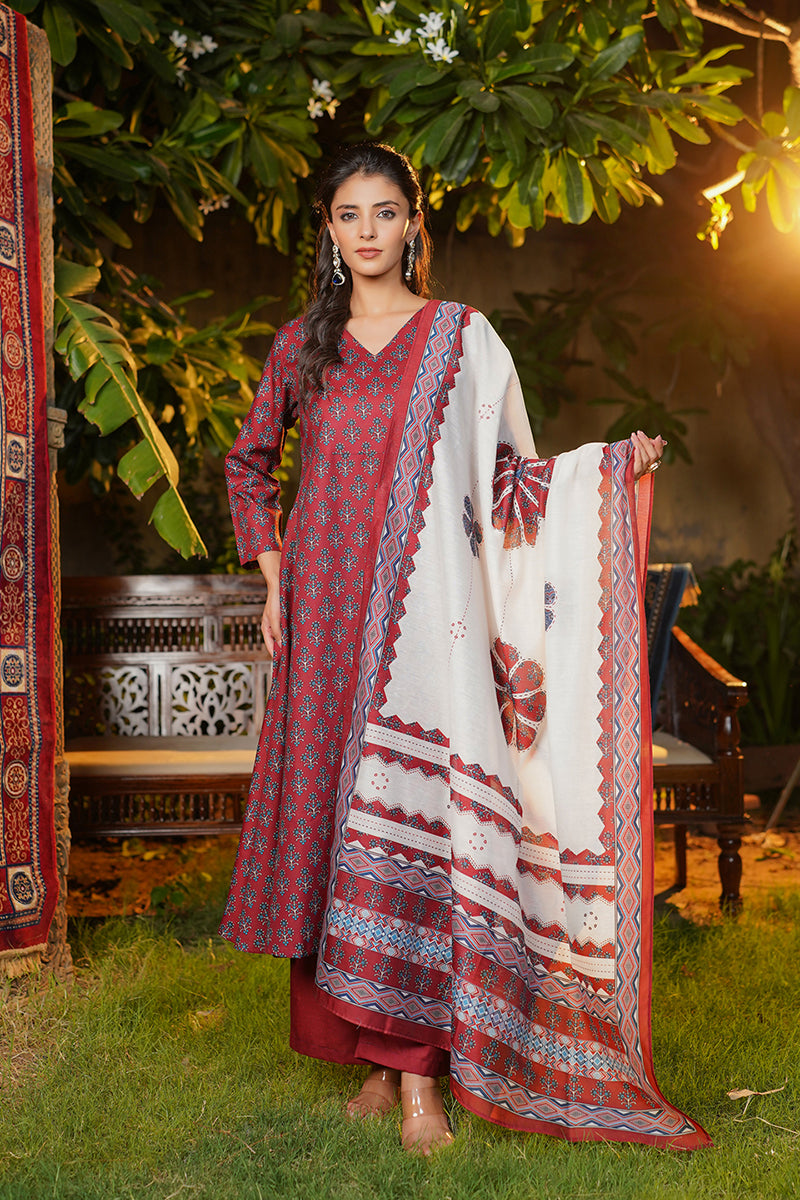 Maroon Rayon Blend Floral Printed A-Line Kurta Palazzos With Dupatta VKSKD2373
