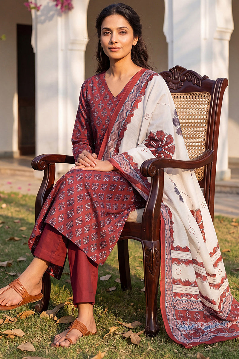 Maroon Rayon Blend Floral Printed A-Line Kurta Palazzos With Dupatta VKSKD2373