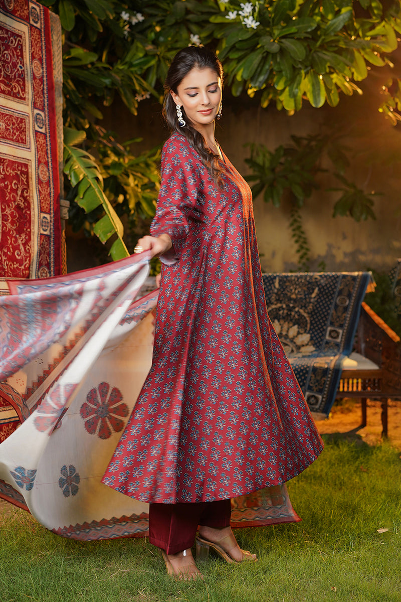 Maroon Rayon Blend Floral Printed A-Line Kurta Palazzos With Dupatta VKSKD2373