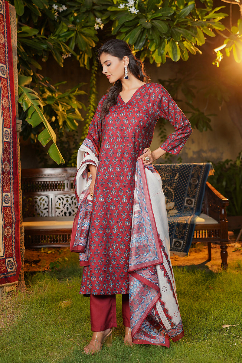 Maroon Rayon Blend Floral Printed A-Line Kurta Palazzos With Dupatta VKSKD2373