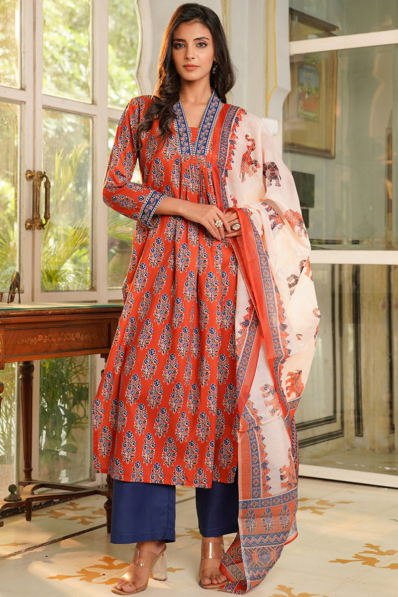 Orange Rayon Blend Floral Printed Straight Kurta Palazzos With Dupatta VKSKD2374
