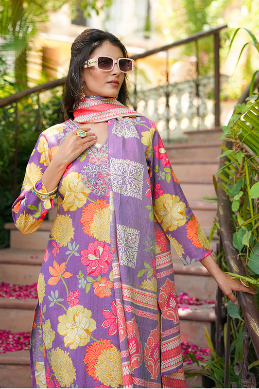 Purple Viscose Rayon Floral Embroidered Straight Kurta Trousers With Dupatta VKSKD2376