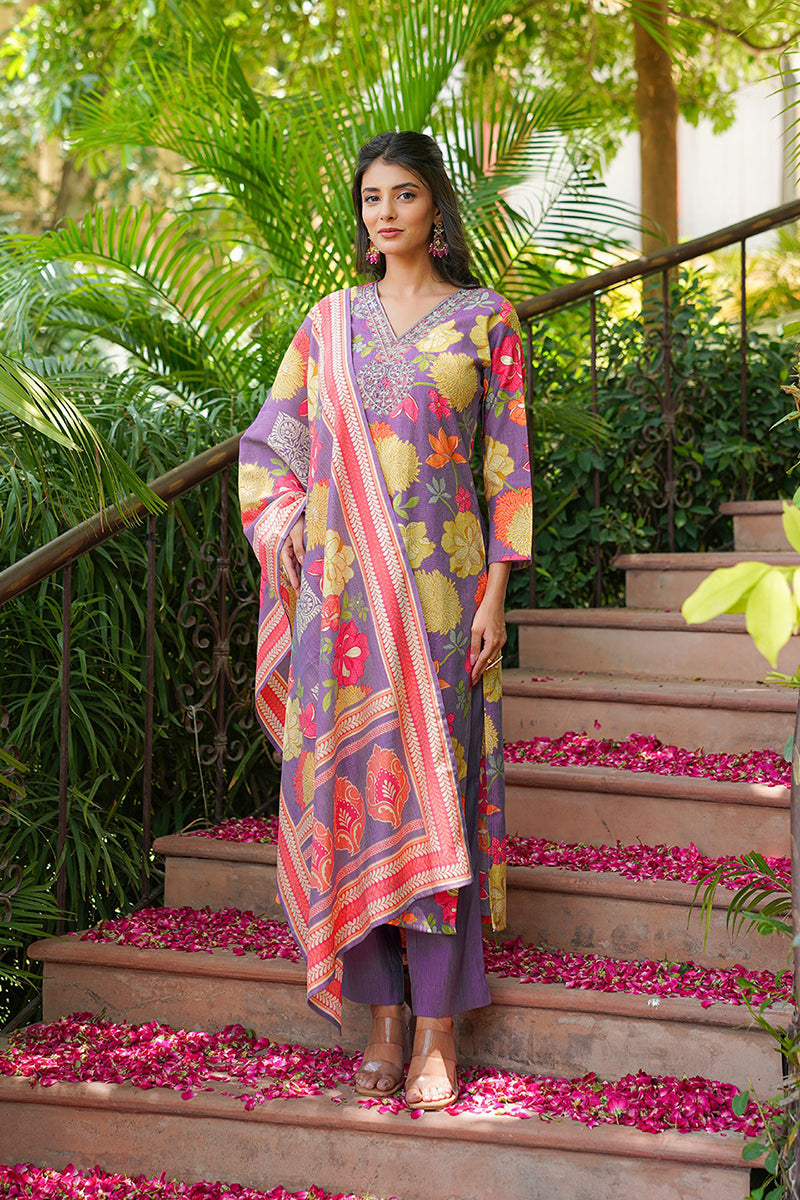 Purple Viscose Rayon Floral Embroidered Straight Kurta Trousers With Dupatta VKSKD2376