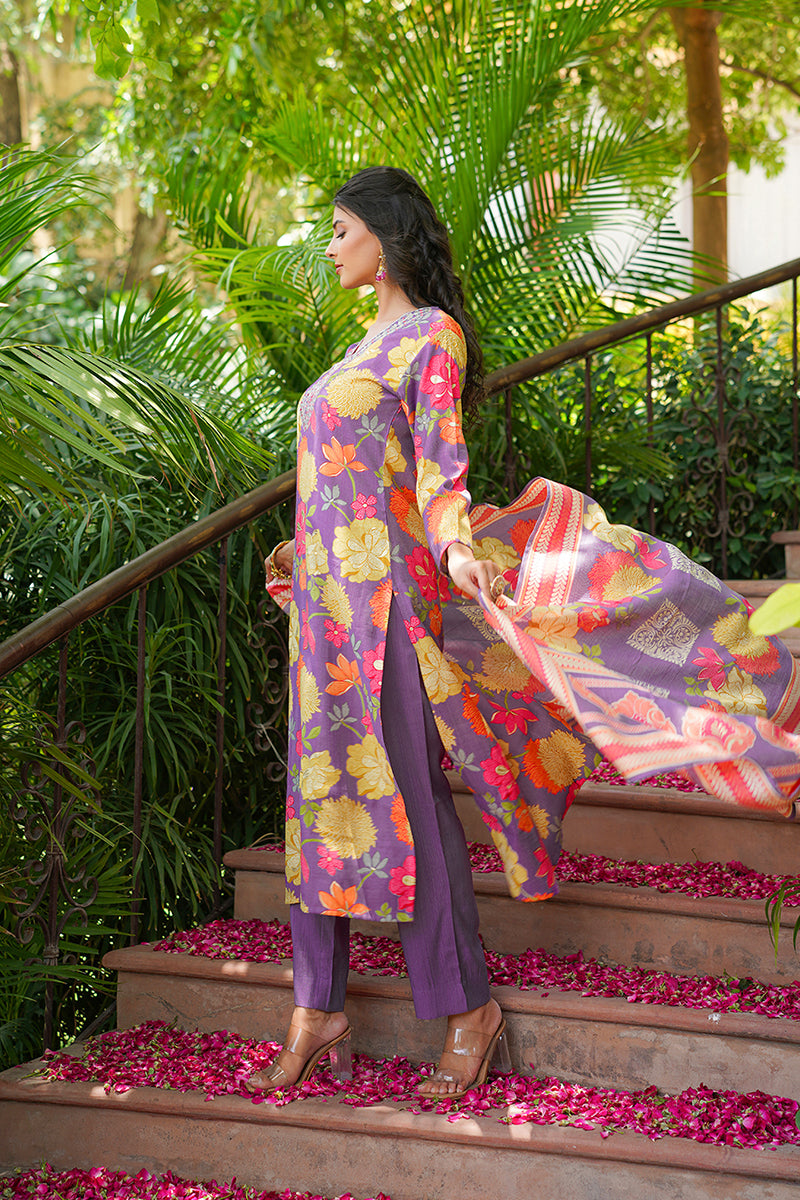 Purple Viscose Rayon Floral Embroidered Straight Kurta Trousers With Dupatta VKSKD2376