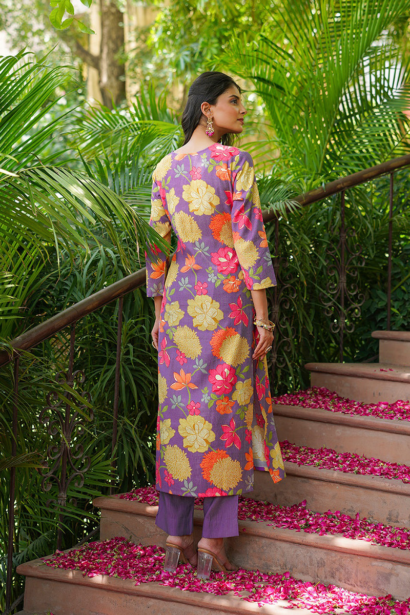 Purple Viscose Rayon Floral Embroidered Straight Kurta Trousers With Dupatta VKSKD2376