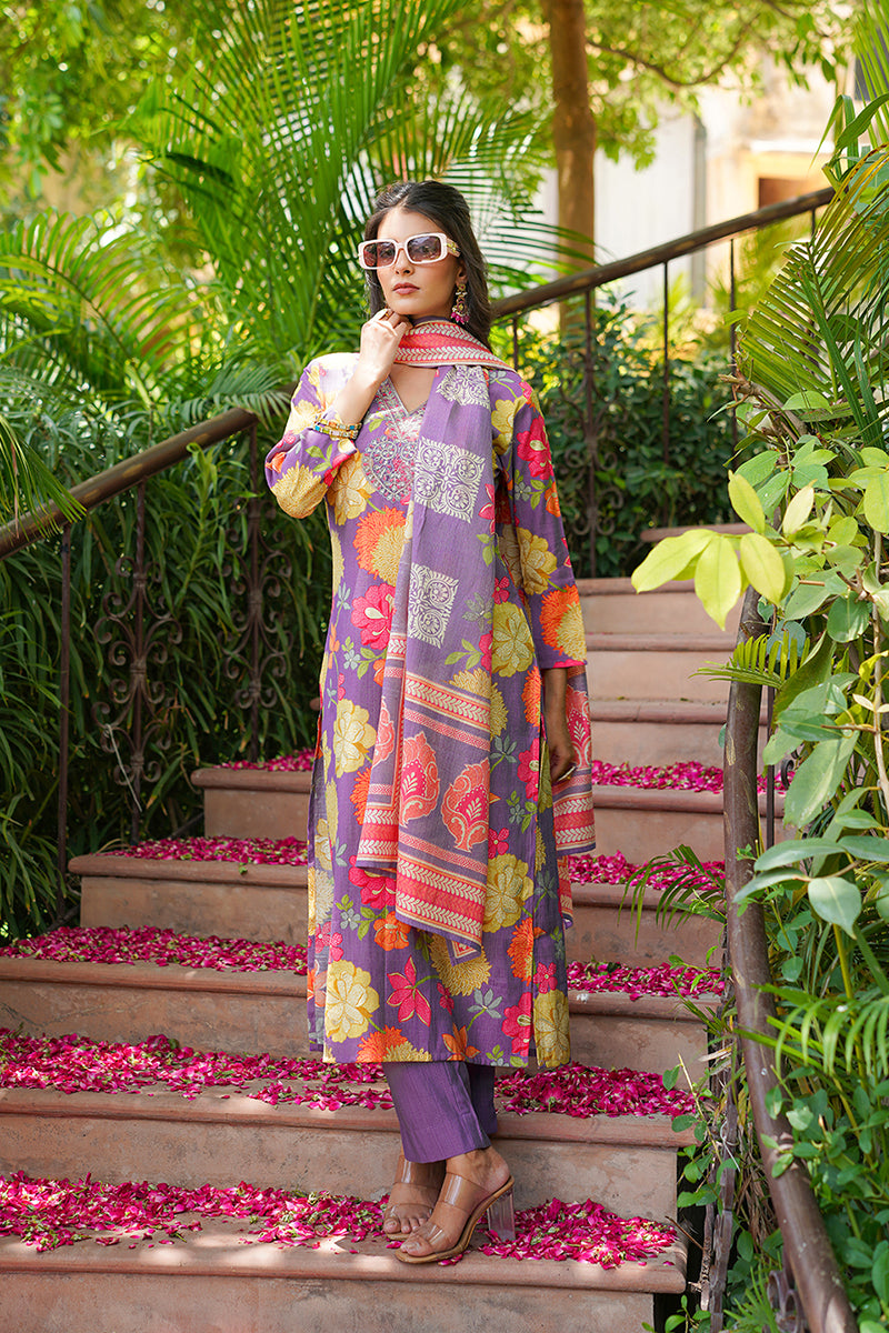 Purple Viscose Rayon Floral Embroidered Straight Kurta Trousers With Dupatta VKSKD2376