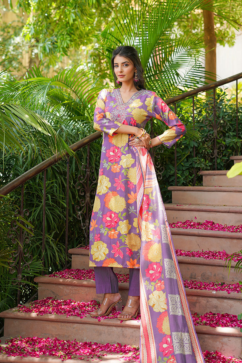 Purple Viscose Rayon Floral Embroidered Straight Kurta Trousers With Dupatta VKSKD2376