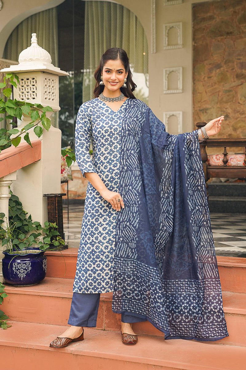 Blue Cotton Blend Printed Straight Kurta Trousers With Dupatta VKSKD2391
