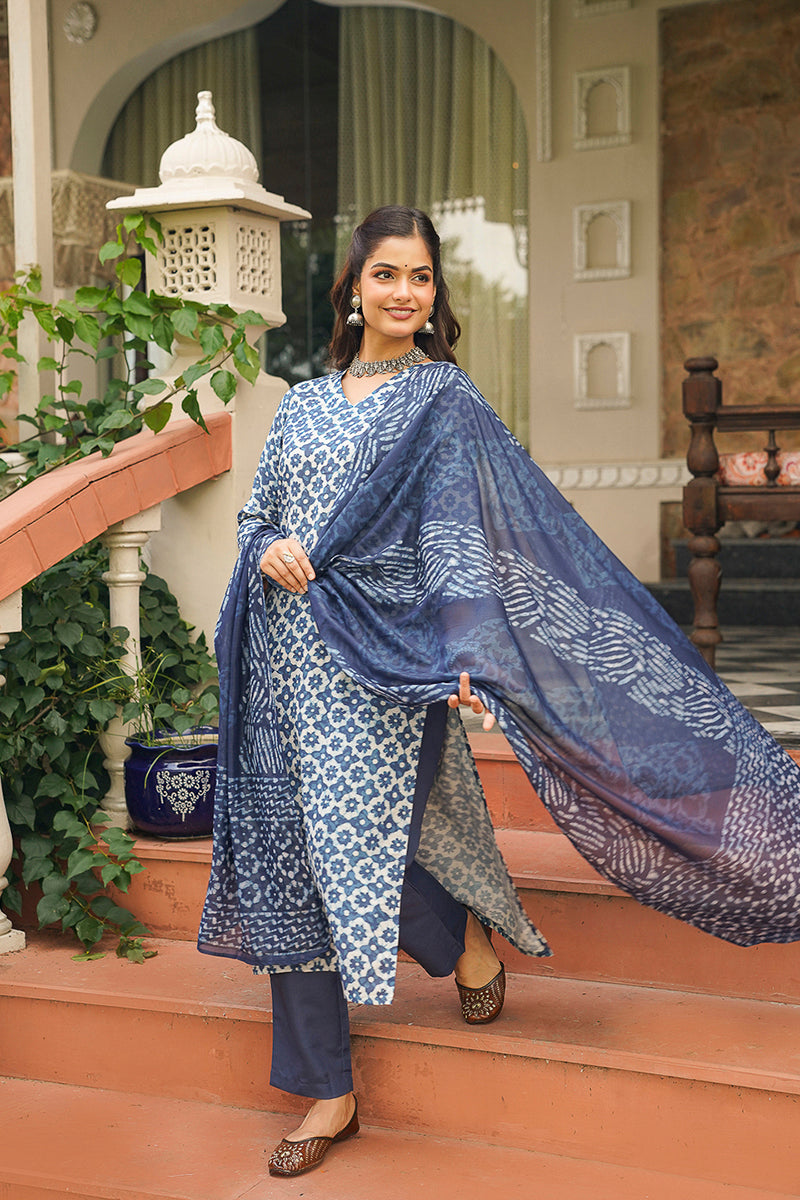 Blue Cotton Blend Printed Straight Kurta Trousers With Dupatta VKSKD2391