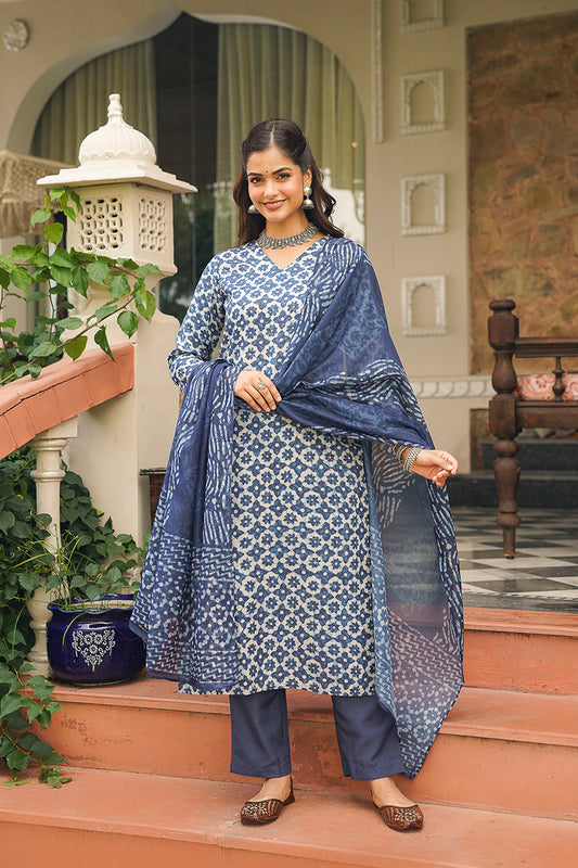 Blue Cotton Blend Printed Straight Kurta Trousers With Dupatta VKSKD2391