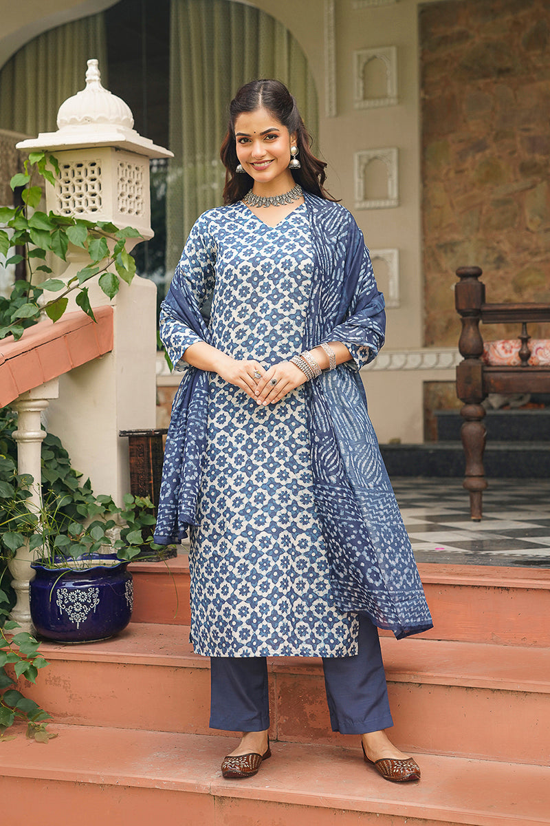 Blue Cotton Blend Printed Straight Kurta Trousers With Dupatta VKSKD2391