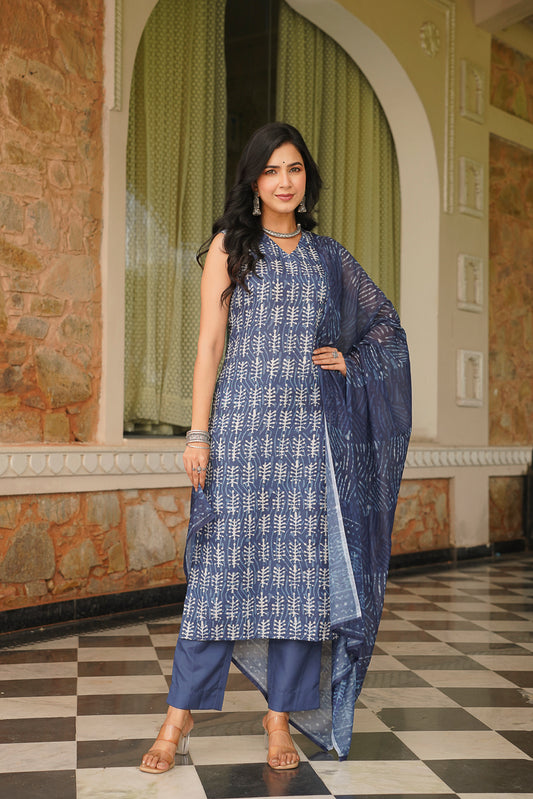 Blue Cotton Blend Printed Straight Kurta Trousers With Dupatta VKSKD2392