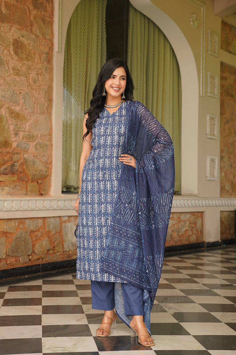 Blue Cotton Blend Printed Straight Kurta Trousers With Dupatta VKSKD2392