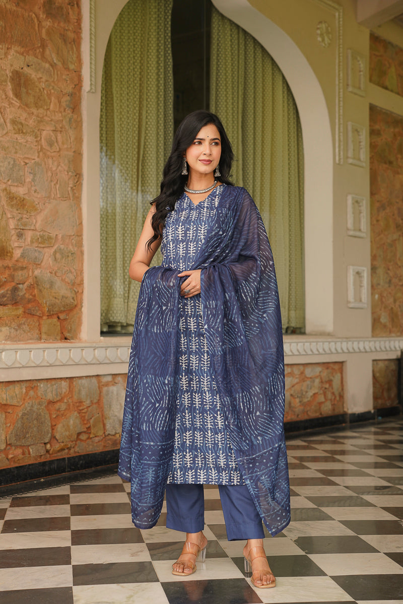 Blue Cotton Blend Printed Straight Kurta Trousers With Dupatta VKSKD2392