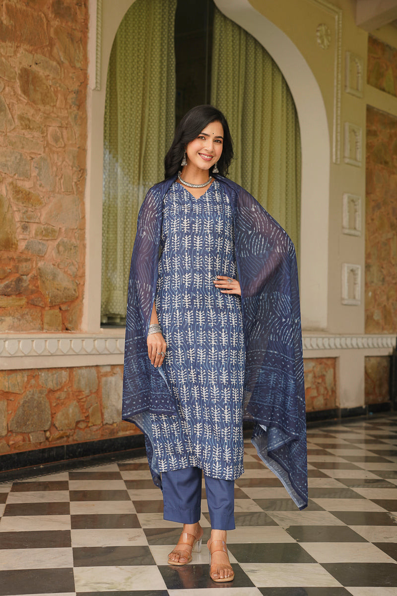 Blue Cotton Blend Printed Straight Kurta Trousers With Dupatta VKSKD2392