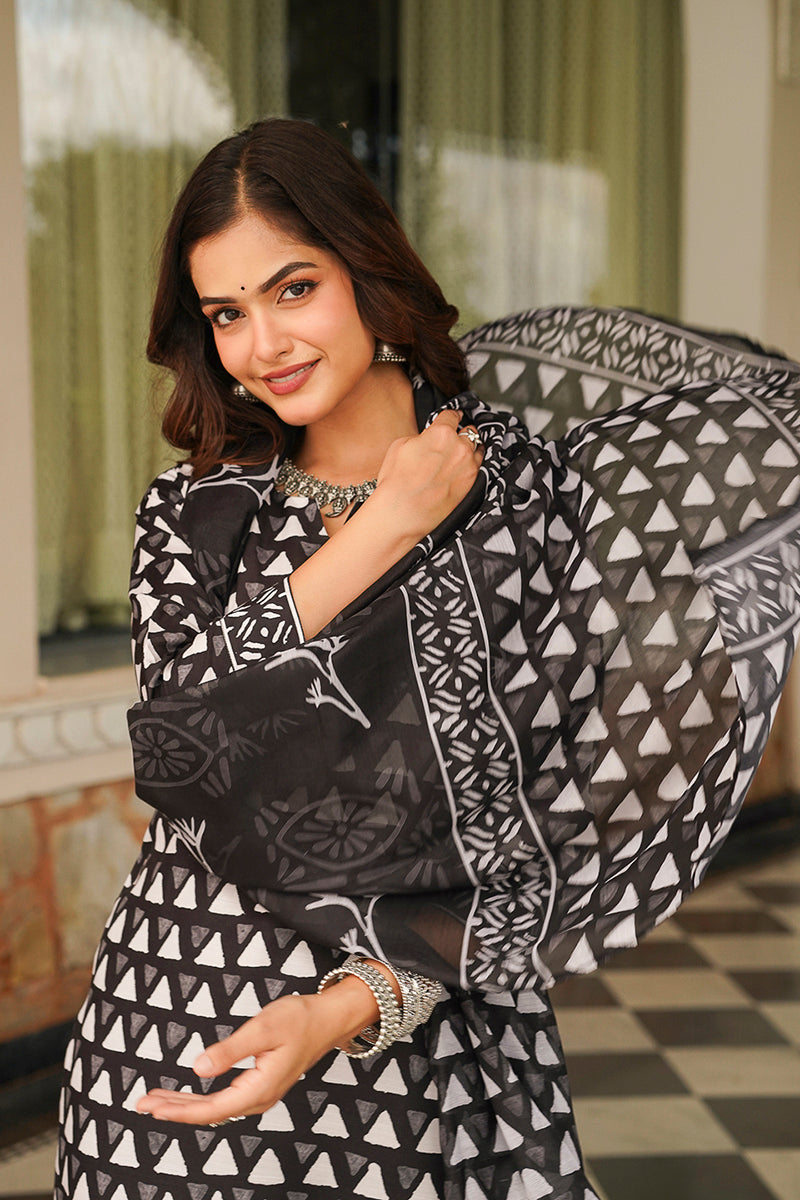 Black Cotton Blend Geometric Printed Straight Kurta Trousers With Dupatta VKSKD2393