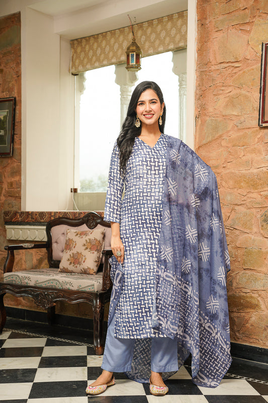 Blue Cotton Blend Batik Printed Straight Kurta Trousers With Dupatta VKSKD2395