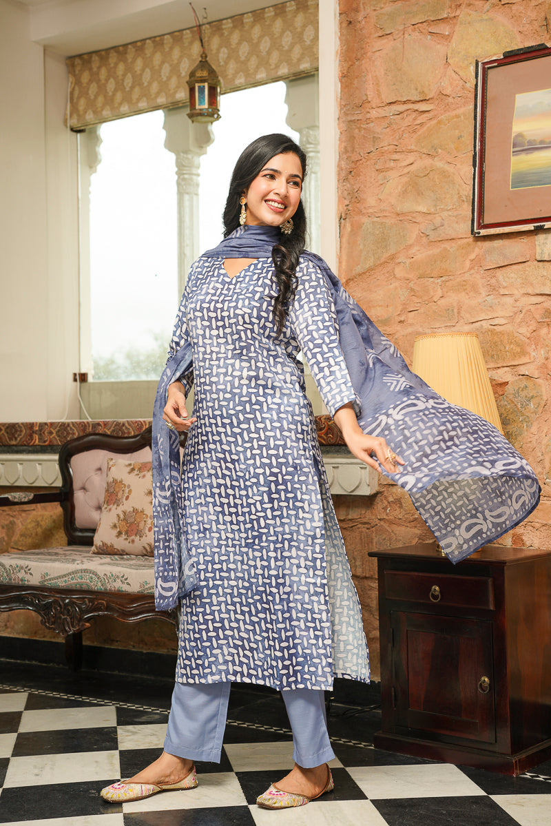 Blue Cotton Blend Batik Printed Straight Kurta Trousers With Dupatta VKSKD2395