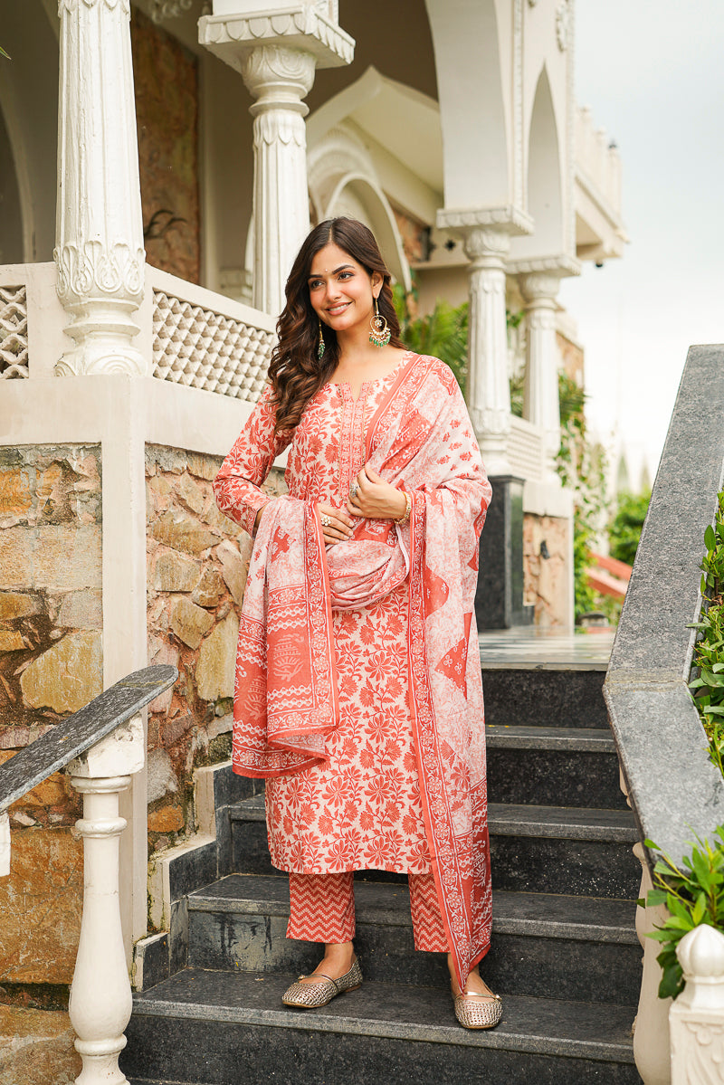 Orange Cotton Blend Floral Printed Straight Kurta Trousers With Dupatta VKSKD2396