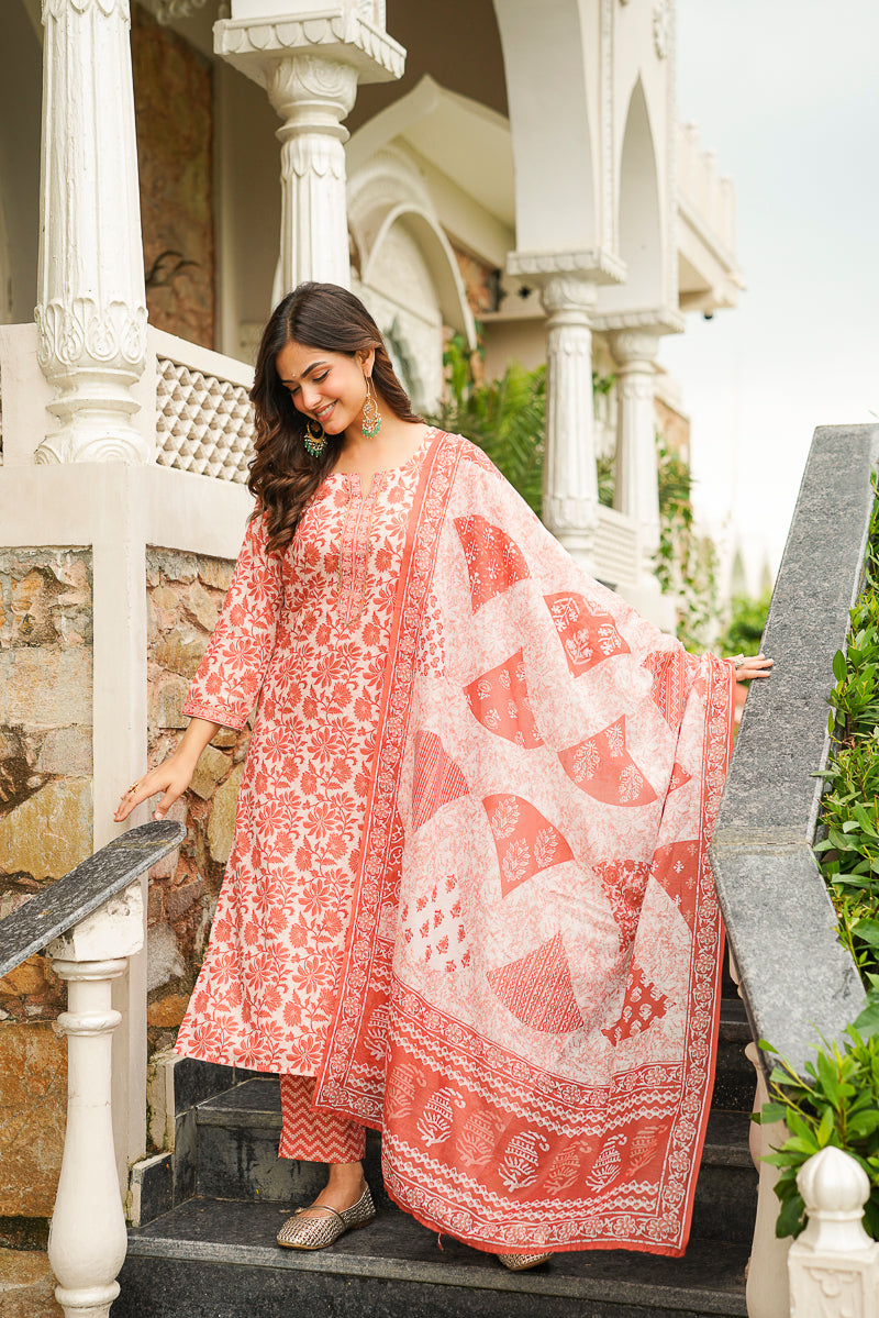 Orange Cotton Blend Floral Printed Straight Kurta Trousers With Dupatta VKSKD2396
