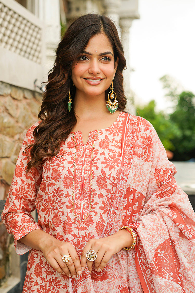 Orange Cotton Blend Floral Printed Straight Kurta Trousers With Dupatta VKSKD2396