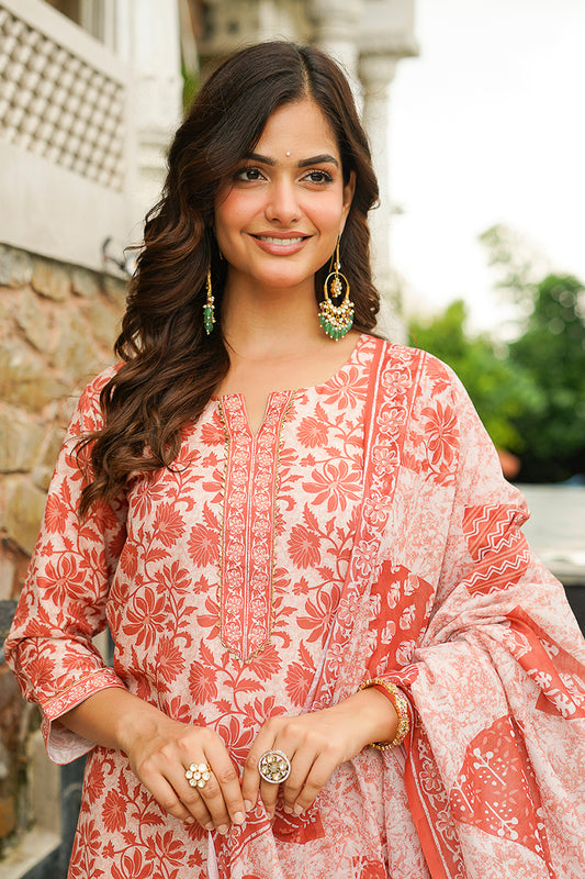 Orange Cotton Blend Floral Printed Straight Kurta Trousers With Dupatta VKSKD2396