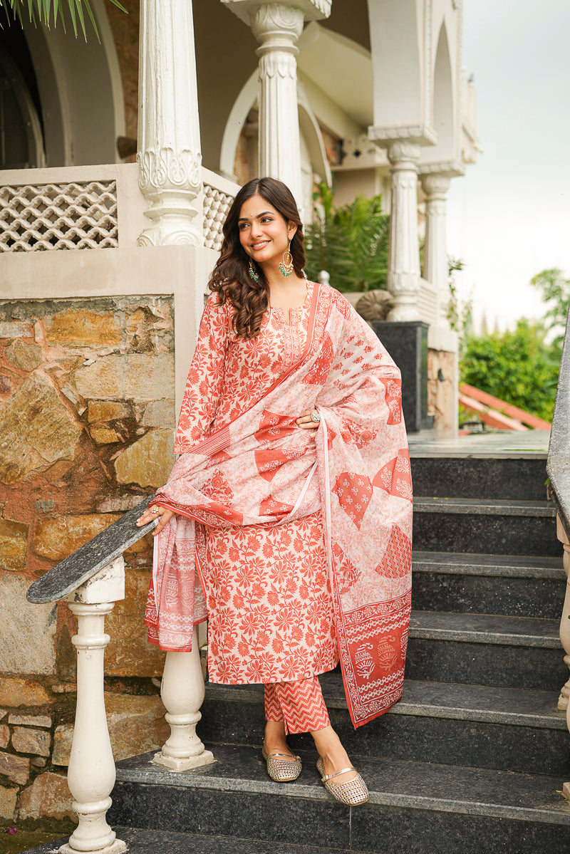 Orange Cotton Blend Floral Printed Straight Kurta Trousers With Dupatta VKSKD2396