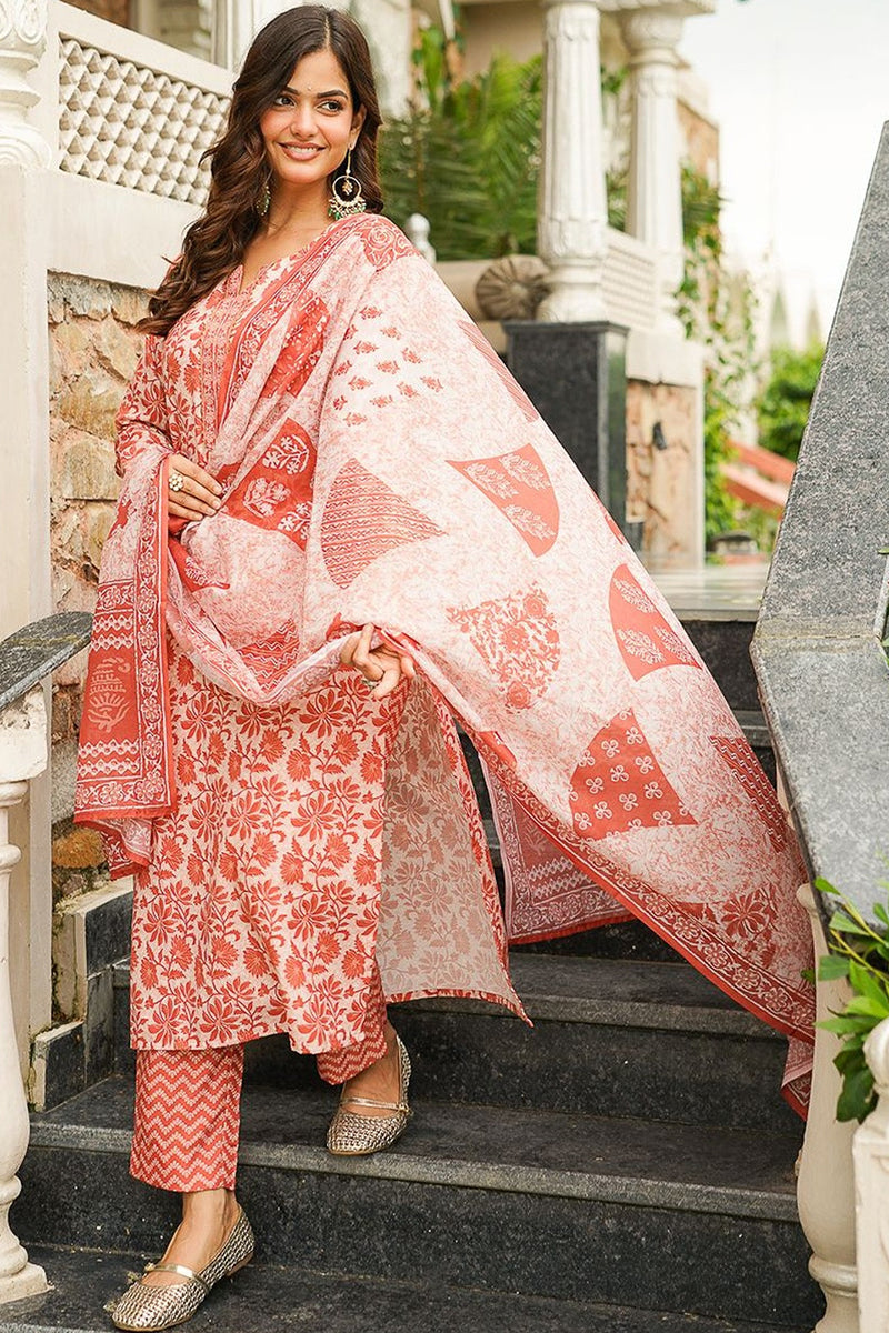Orange Cotton Blend Floral Printed Straight Kurta Trousers With Dupatta VKSKD2396