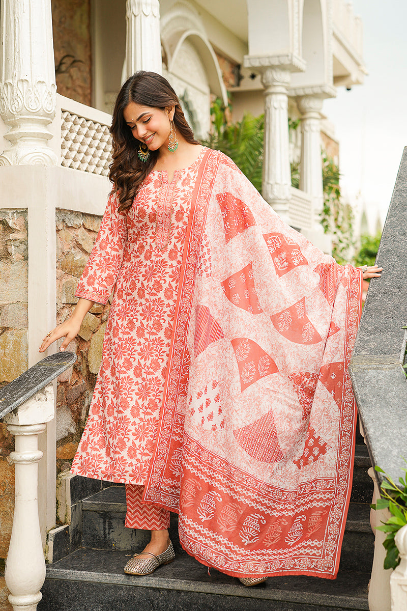 Orange Cotton Blend Floral Printed Straight Kurta Trousers With Dupatta VKSKD2396