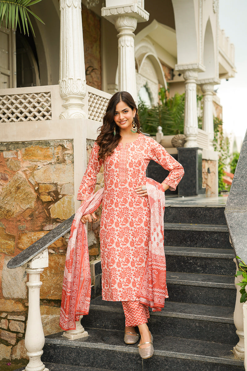 Orange Cotton Blend Floral Printed Straight Kurta Trousers With Dupatta VKSKD2396