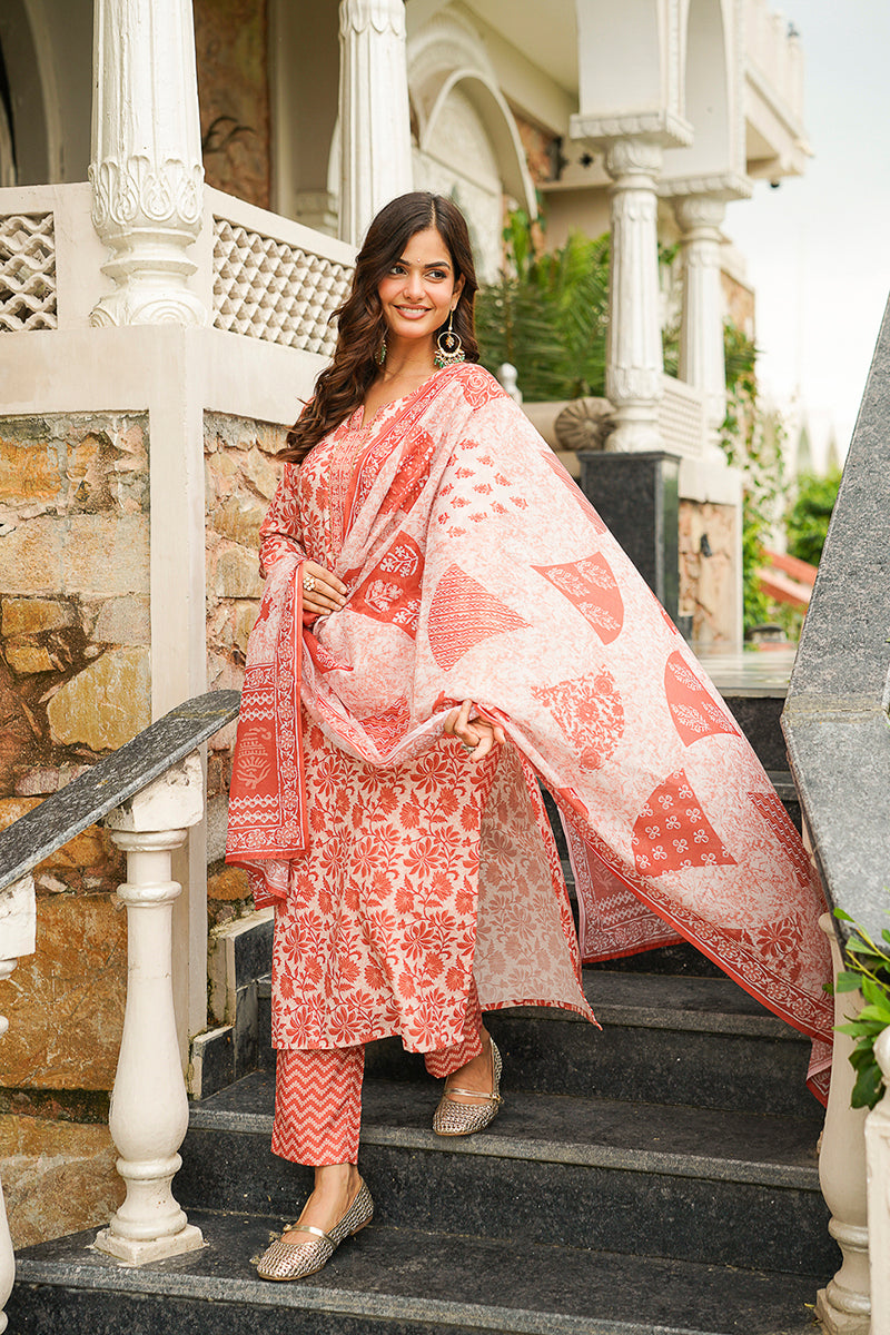 Orange Cotton Blend Floral Printed Straight Kurta Trousers With Dupatta VKSKD2396