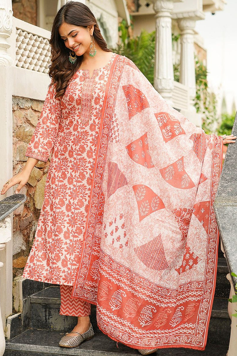 Orange Cotton Blend Floral Printed Straight Kurta Trousers With Dupatta VKSKD2396