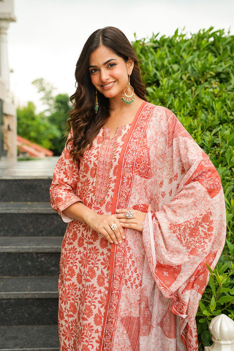 Orange Cotton Blend Floral Printed Straight Kurta Trousers With Dupatta VKSKD2396