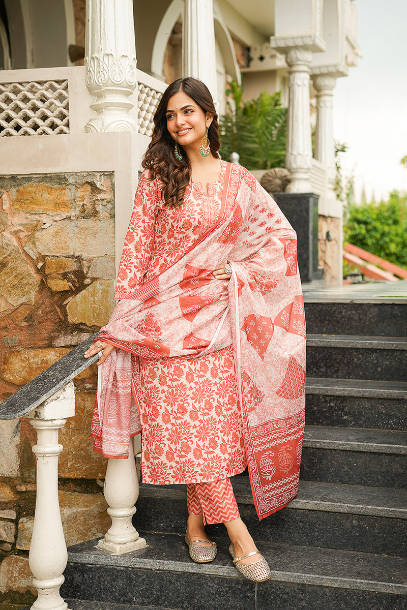 Orange Cotton Blend Floral Printed Straight Kurta Trousers With Dupatta VKSKD2396