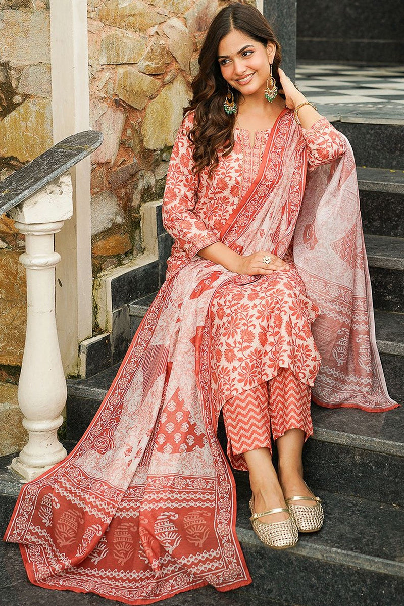 Orange Cotton Blend Floral Printed Straight Kurta Trousers With Dupatta VKSKD2396