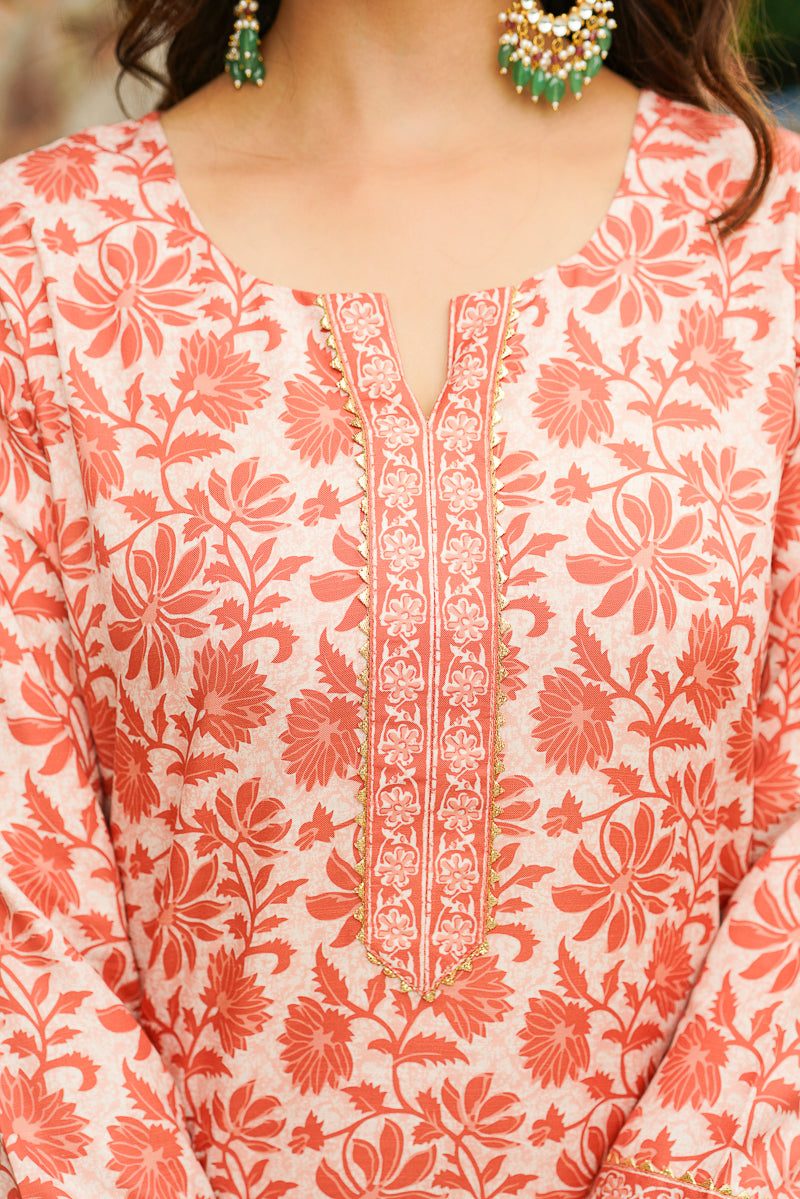 Orange Cotton Blend Floral Printed Straight Kurta Trousers With Dupatta VKSKD2396