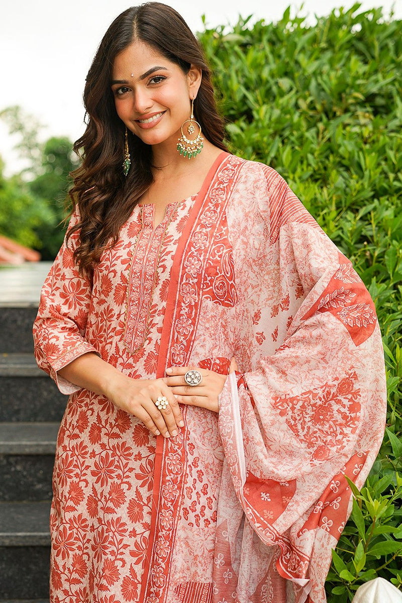 Orange Cotton Blend Floral Printed Straight Kurta Trousers With Dupatta VKSKD2396