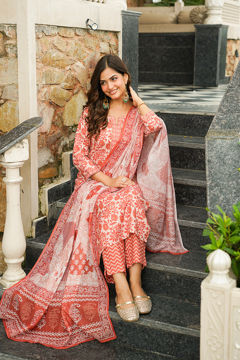 Orange Cotton Blend Floral Printed Straight Kurta Trousers With Dupatta VKSKD2396
