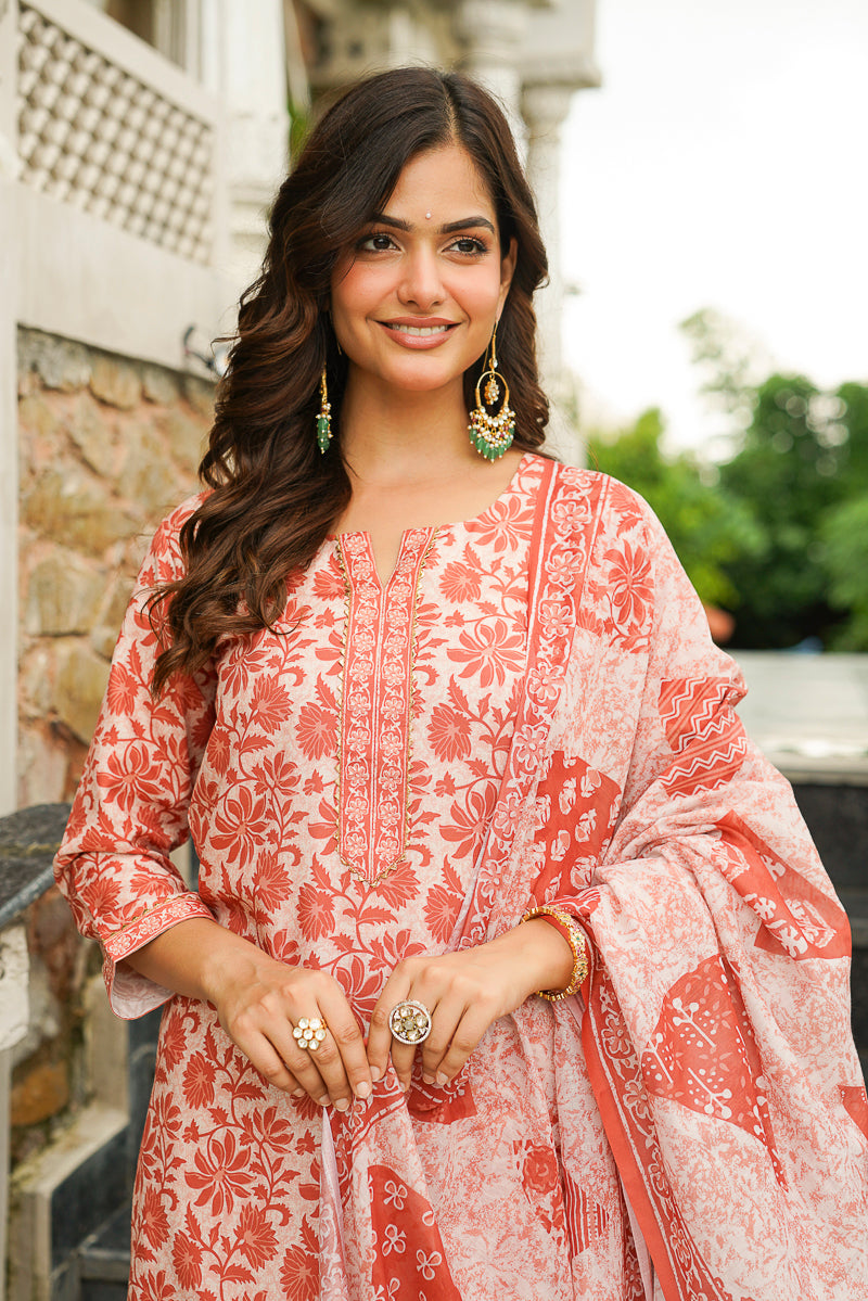 Orange Cotton Blend Floral Printed Straight Kurta Trousers With Dupatta VKSKD2396
