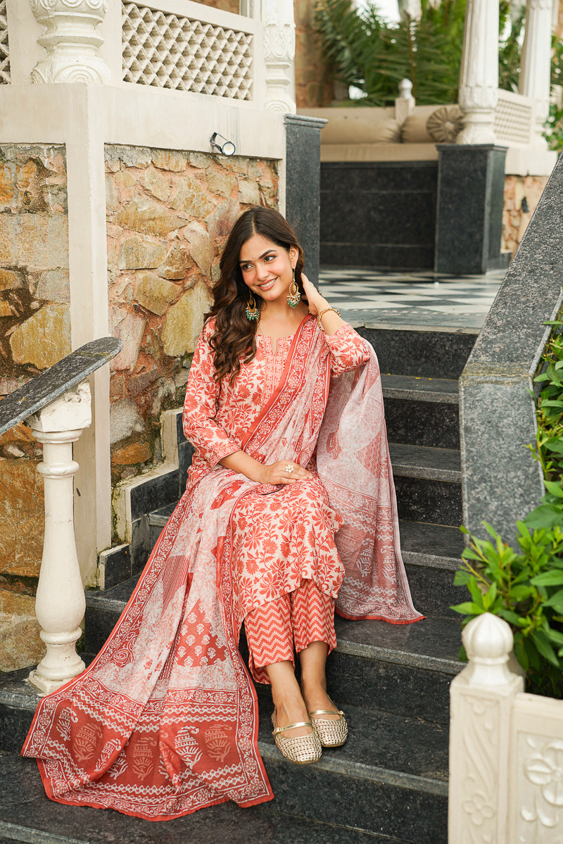 Orange Cotton Blend Floral Printed Straight Kurta Trousers With Dupatta VKSKD2396